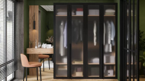 Спальный гарнитур «Порто» №4 Яблоня Беллуно/Графит/Стекло сатин черное в Пангоды - pangody.mebel-tymen.ru | фото